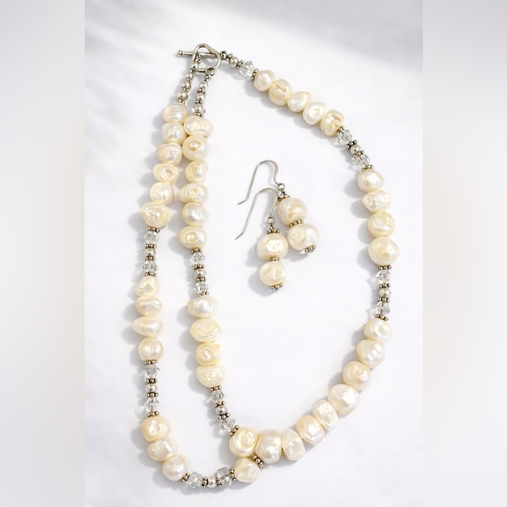 Freshwater Pearl Necklace & Earring Set Baroque 925 Sterling Siver Boho Elegant